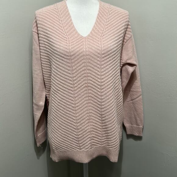Chaps Sweaters - Chaps Pink V Neck Knitted Sweater with Silver Shimmers Size Large NWT